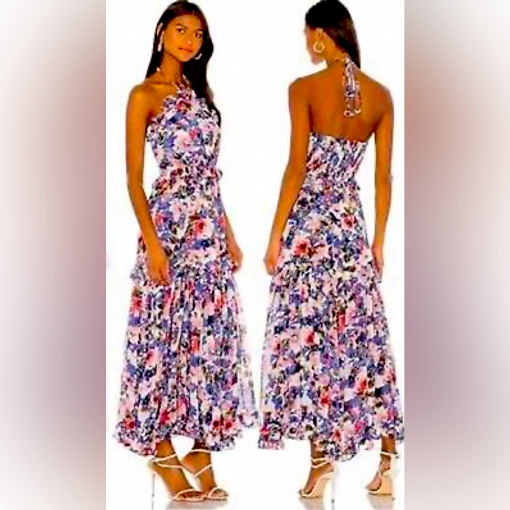 NWT Misa Dallin dress women’s floral pink blue halter maxi dress ruffles size XS